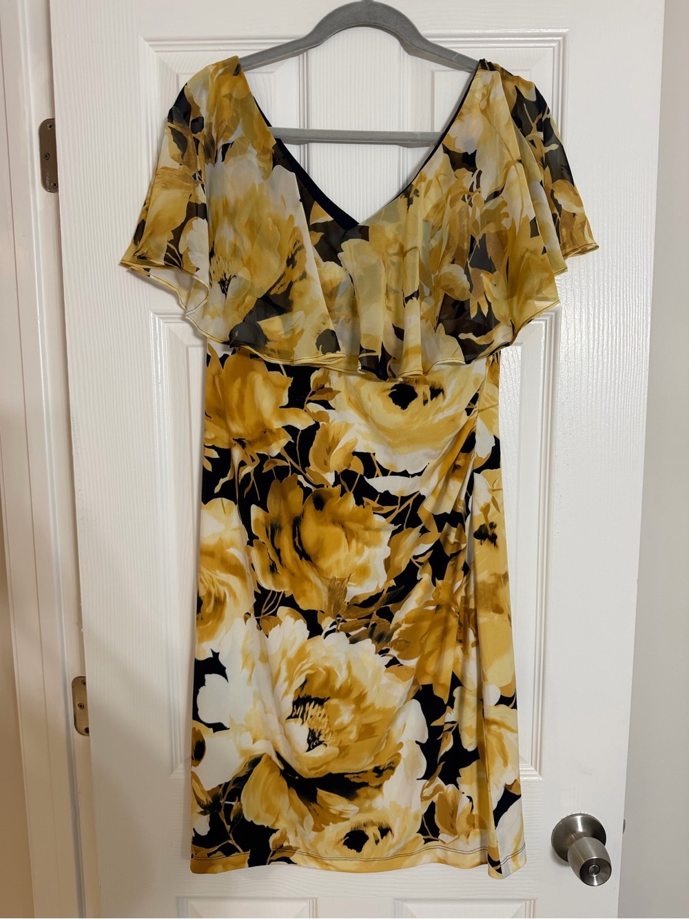 connected apparel Black and Yellow Floral V-Neck Flutter Dress